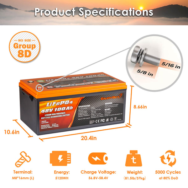 ENJOYBOT Bluetooth 48V 100AH 5120Wh Smart Lithium Battery High & Low Temp  Protection Deep Cycle Rechargeable - Peak Current 500A Perfect For Golf