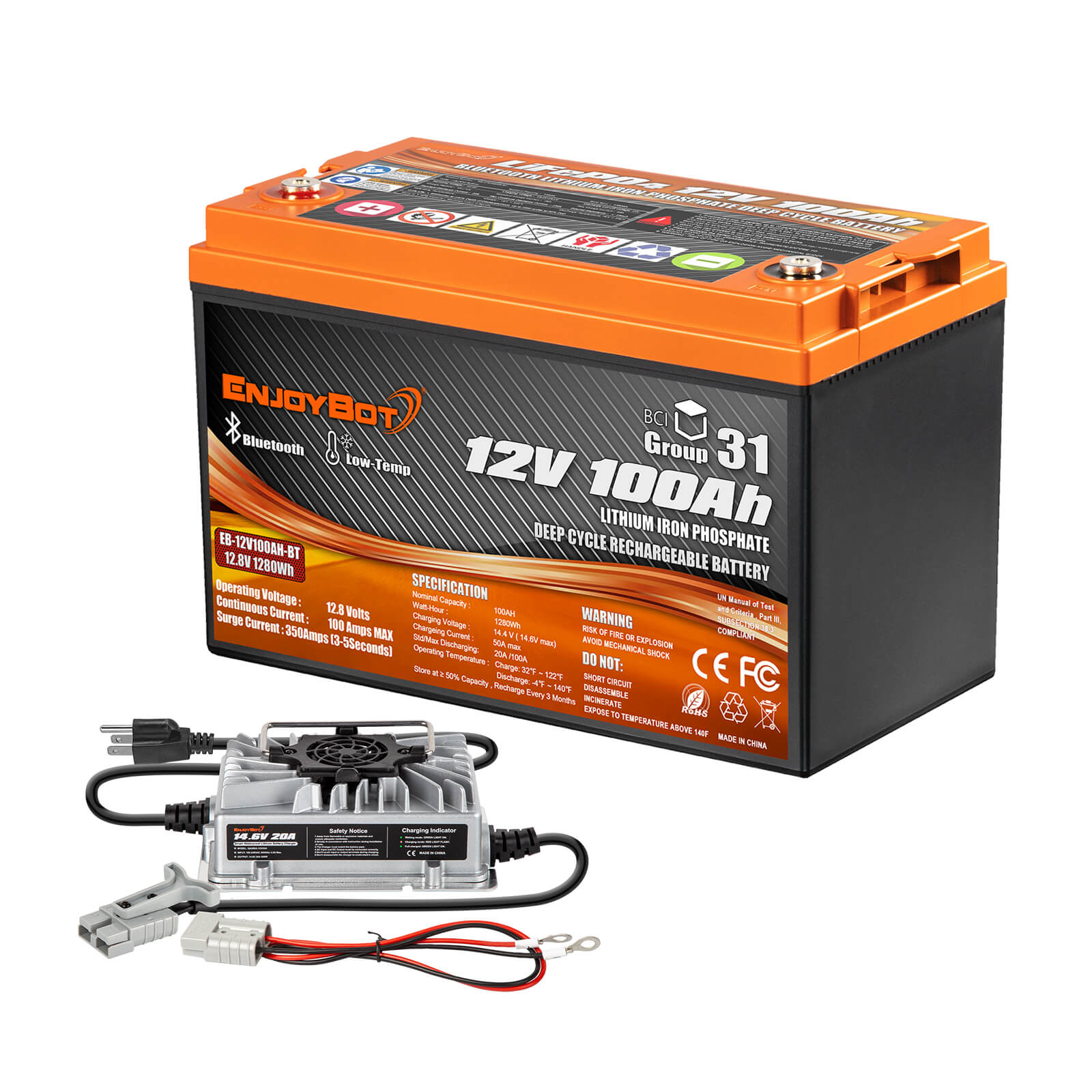 Enjoybot 12V 100Ah BT LiFePO4 Lithium Battery with Bluetooth & Low-Temp Protection, 1280Wh, 100A BMS