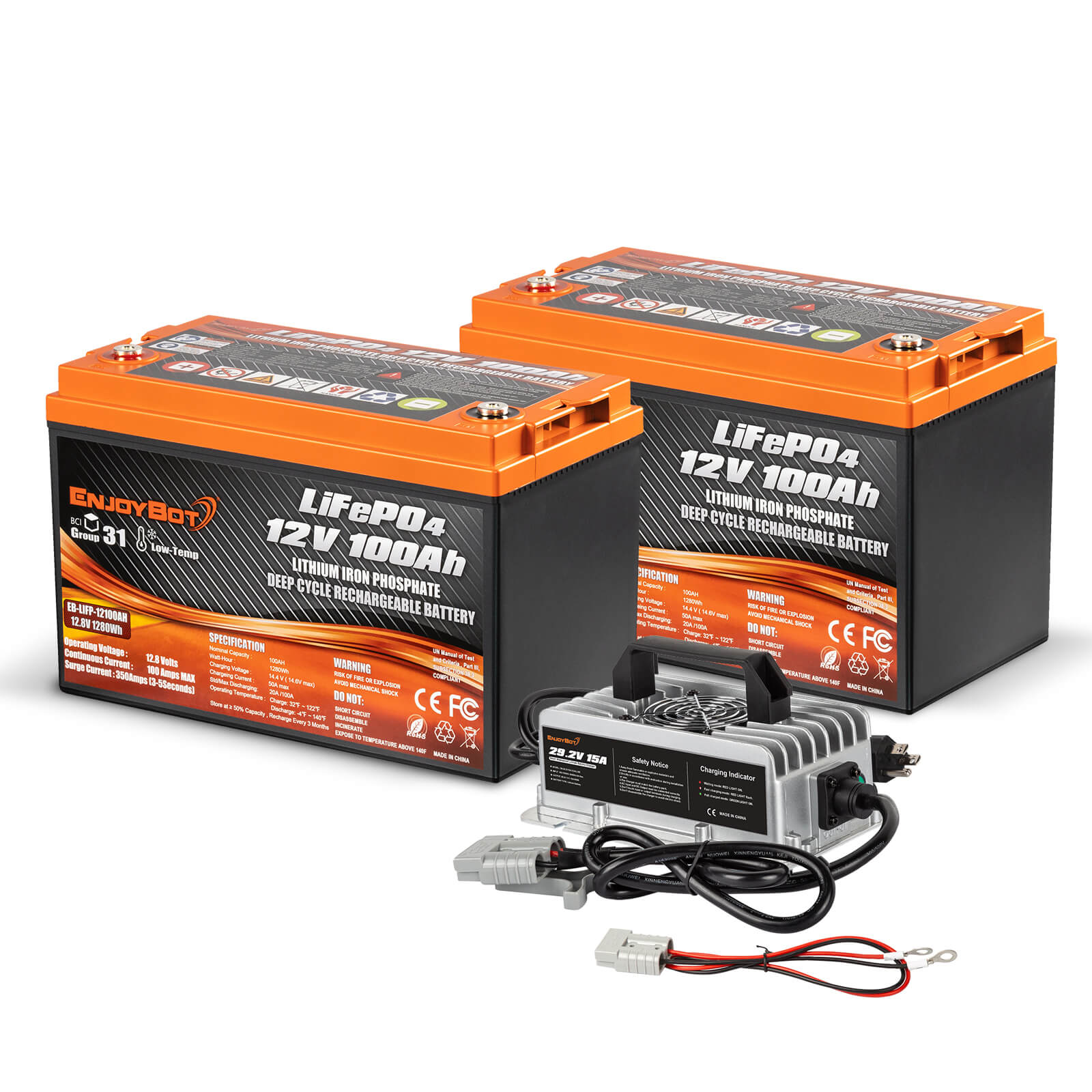 Enjoybot 12V 100Ah Group 31 Lithium Battery_2 Pack+29.2V 15A Charger