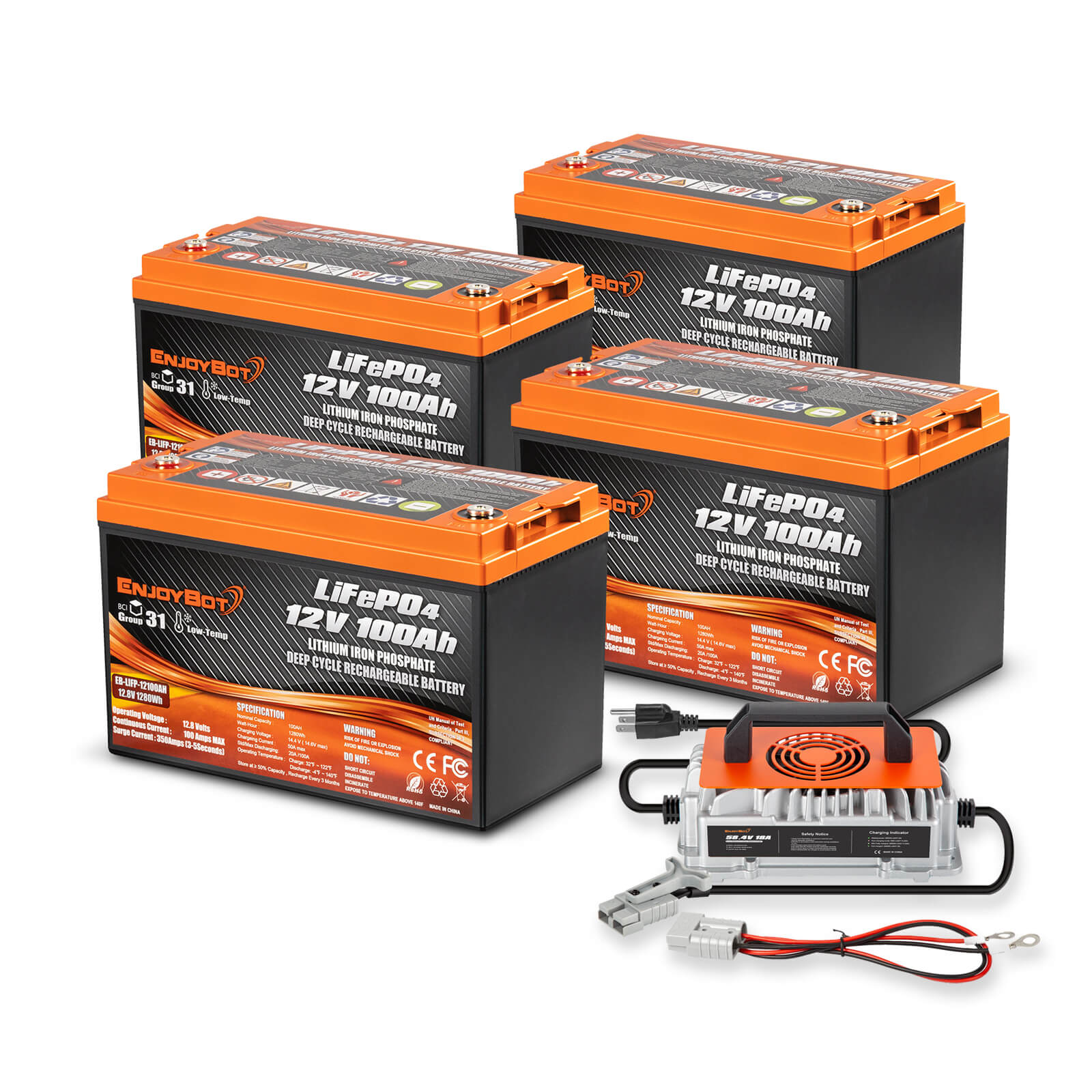Enjoybot 12V 100Ah LiFePO4 Lithium Battery with Low-Temp Protection, 1280Wh, 100A BMS, Max 6S4P
