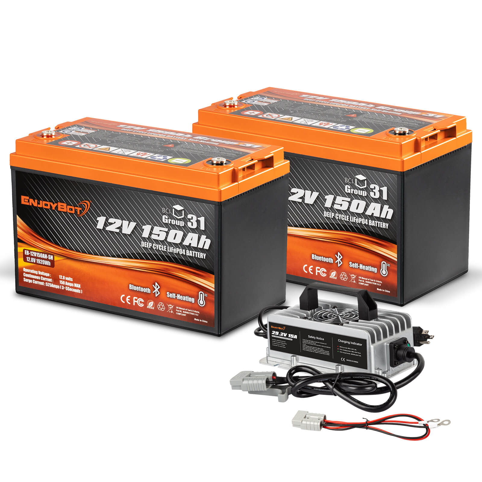 Enjoybot 12V 150Ah Self-Heating & Bluetooth Lithium Battery_2 Pack+29.2V 15A Charger