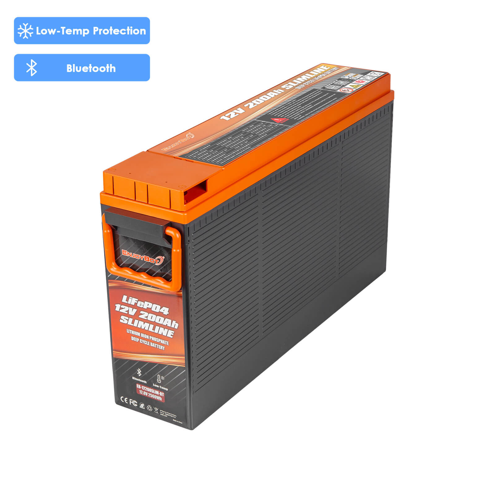 Enjoybot 12V 200Ah Slimline LiFePO4 Lithium Battery with Bluetooth, 2560Wh, 200A BMS