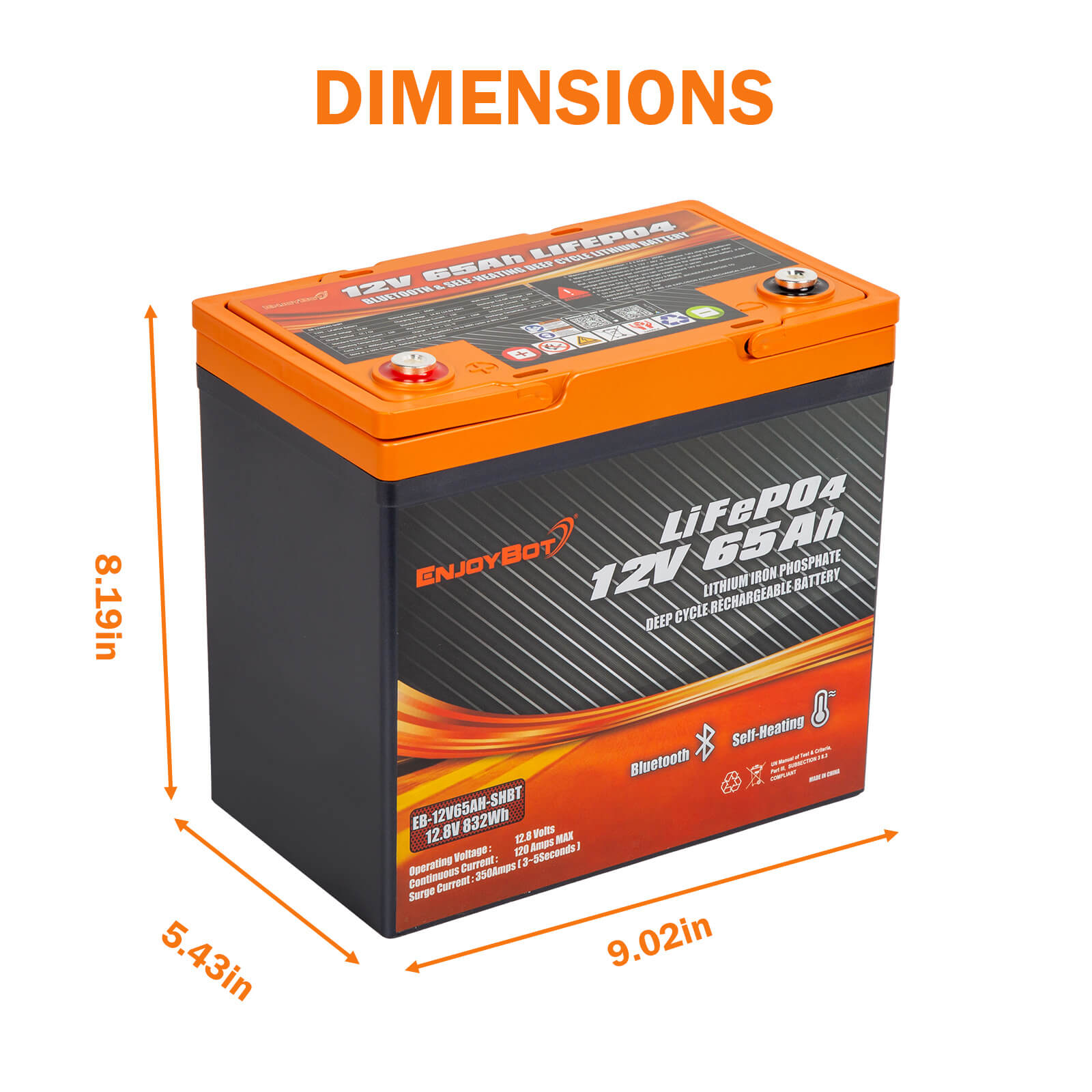 Enjoybot 12V 65Ah LiFePO₄ Lithium Battery with Bluetooth & Self-Heating, Group 22NF, 832Wh, 120A BMS