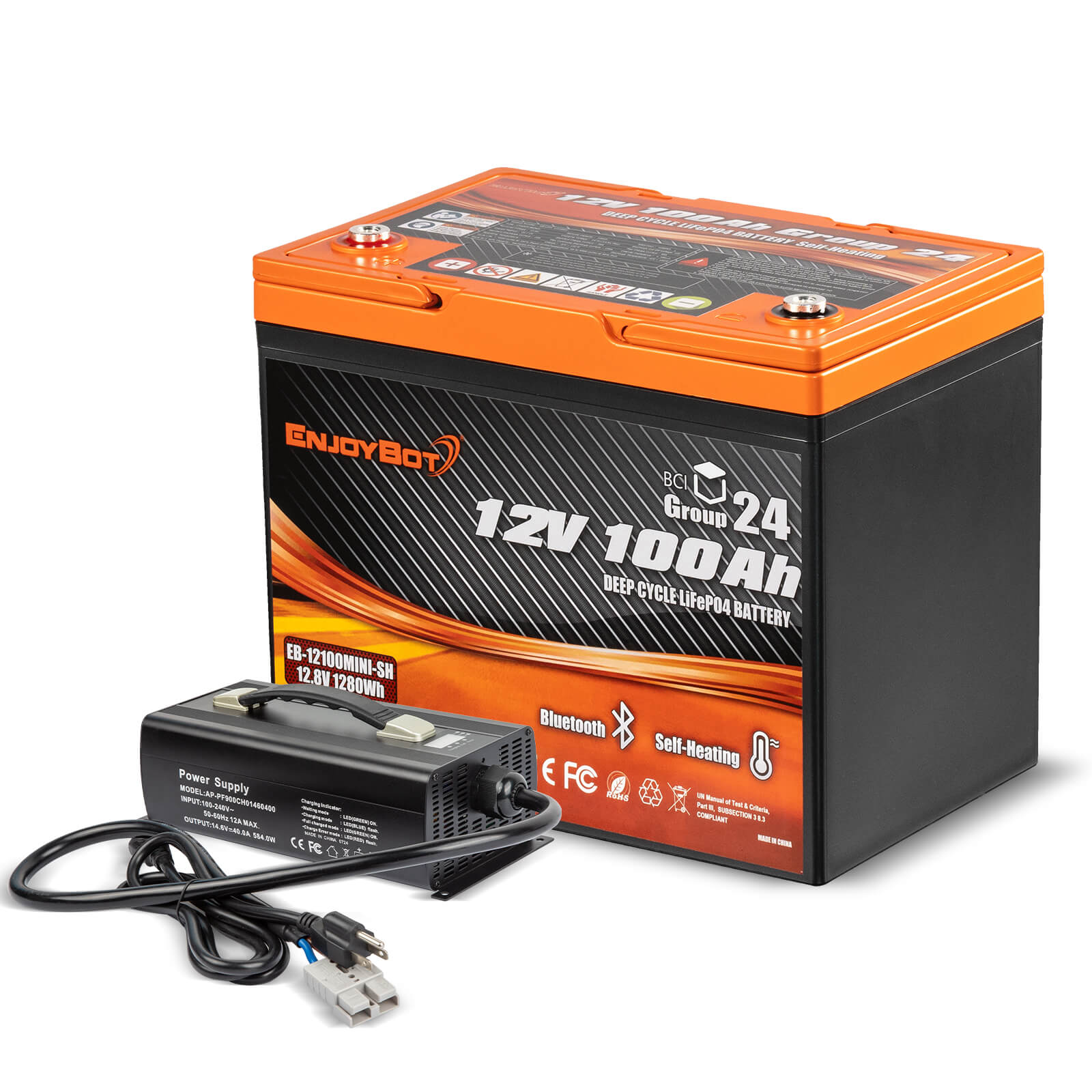Enjoybot 12V 100Ah Group 24 Self-Heating & Bluetooth Lithium LiFePO4 Battery_1 Pack+14.6V 40A Charger