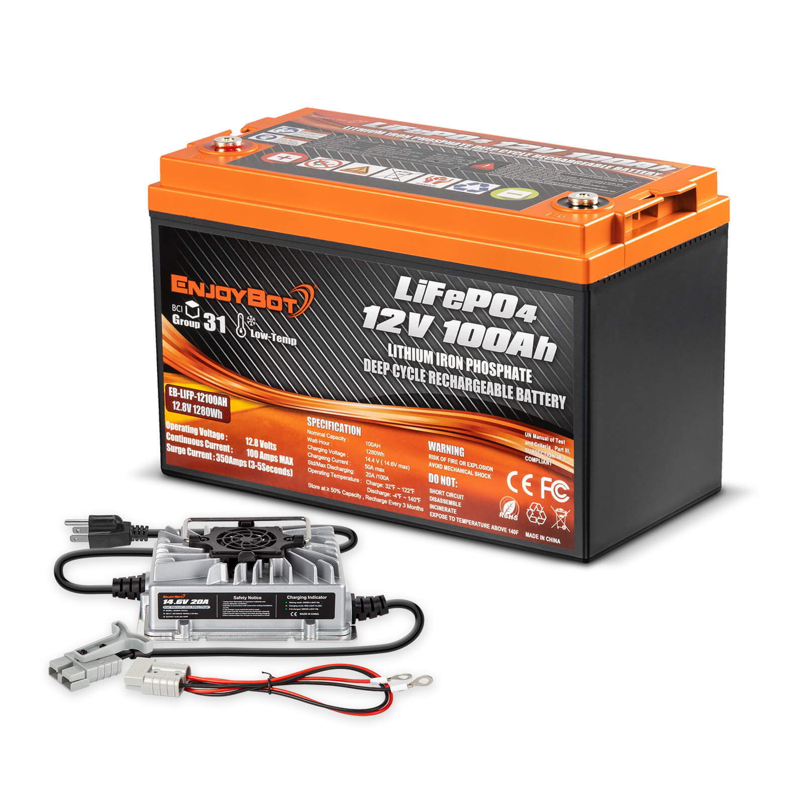 Enjoybot 12V 100Ah LiFePO4 Lithium Battery with Low-Temp Protection, 1280Wh, 100A BMS, Max 6S4P