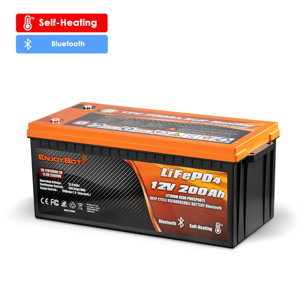 Enjoybot 12V 200Ah Bluetooth LiFePO4 Lithium Battery With Self-Heating, 2560Wh, 200A BMS