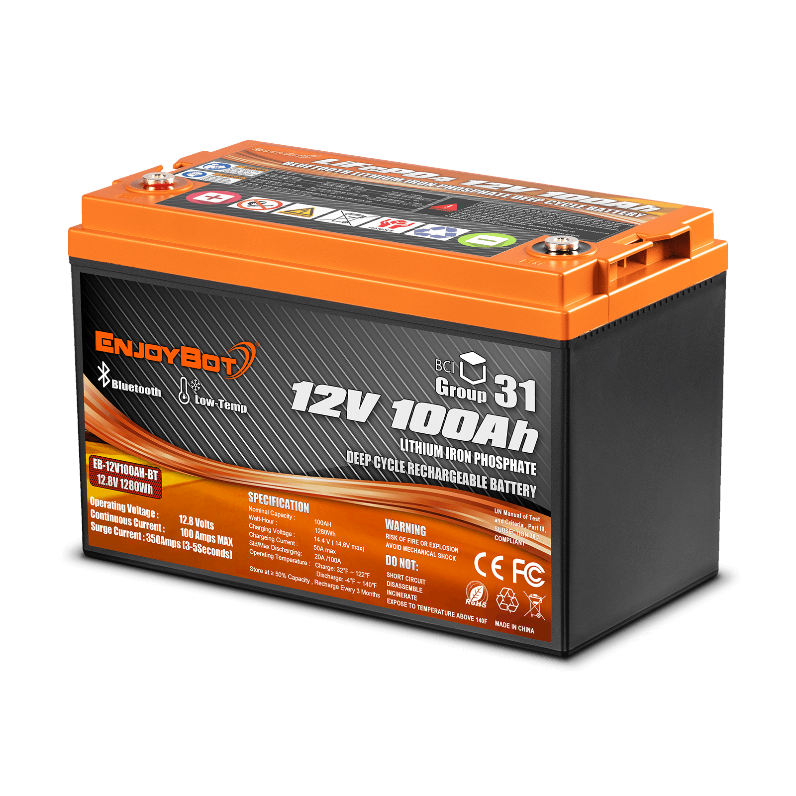 Enjoybot 12V 100Ah BT LiFePO4 Lithium Battery with Bluetooth & Low-Temp Protection, 1280Wh, 100A BMS