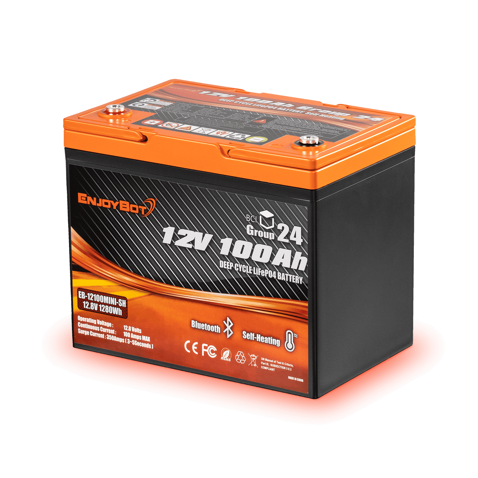Enjoybot 12V 100Ah Group 24 Bluetooth LiFePO4 Lithium Battery With Self-Heating, 1280Wh, 100A BMS