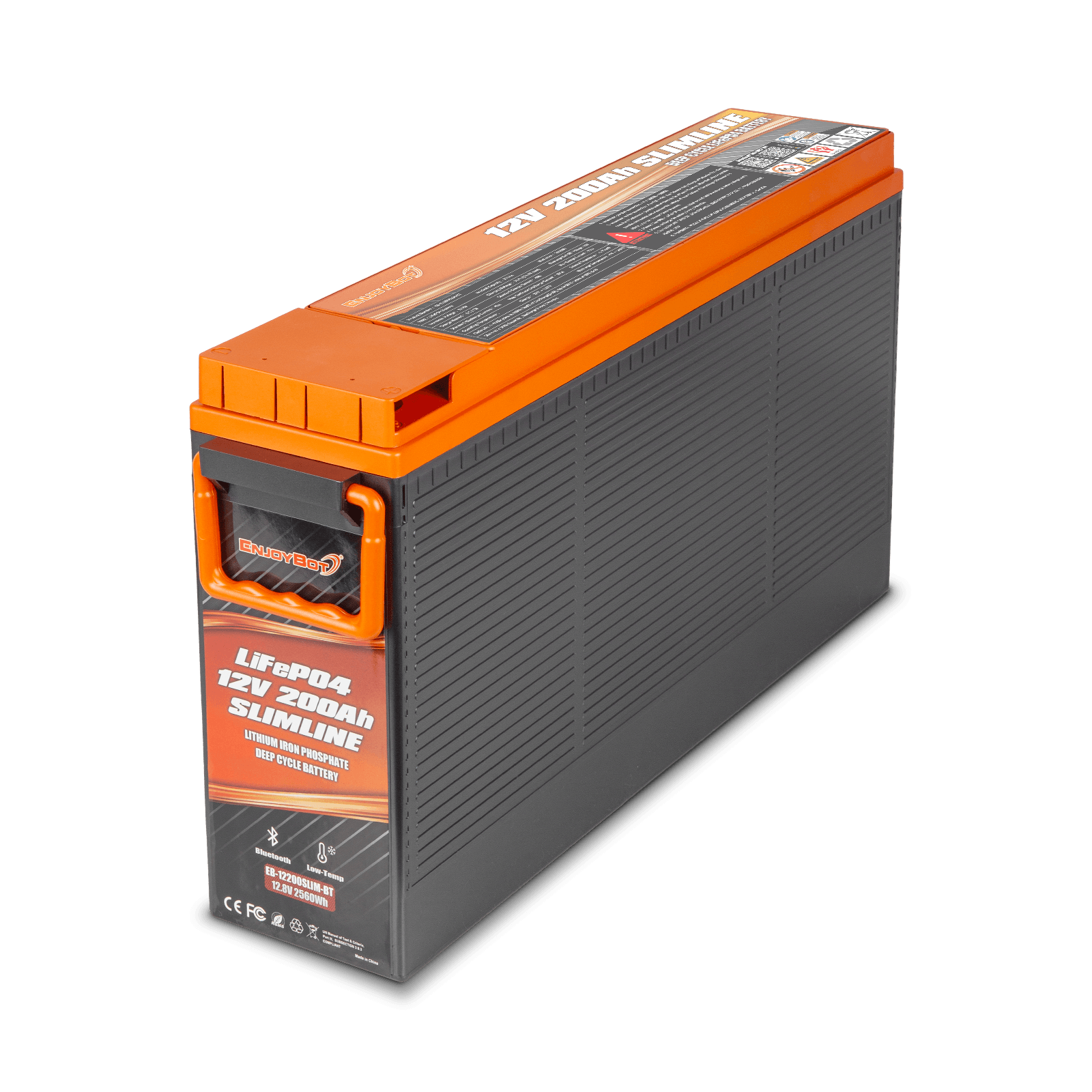 Enjoybot 12V 200Ah Slimline LiFePO4 Lithium Battery with Bluetooth, 2560Wh, 200A BMS