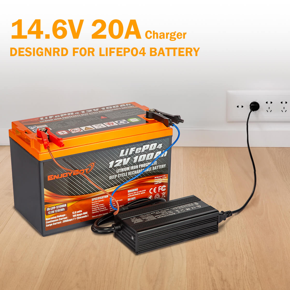 Enjoybot 14.6V-20A LiFePO4 Lithium Battery Charger Alligator Clamps