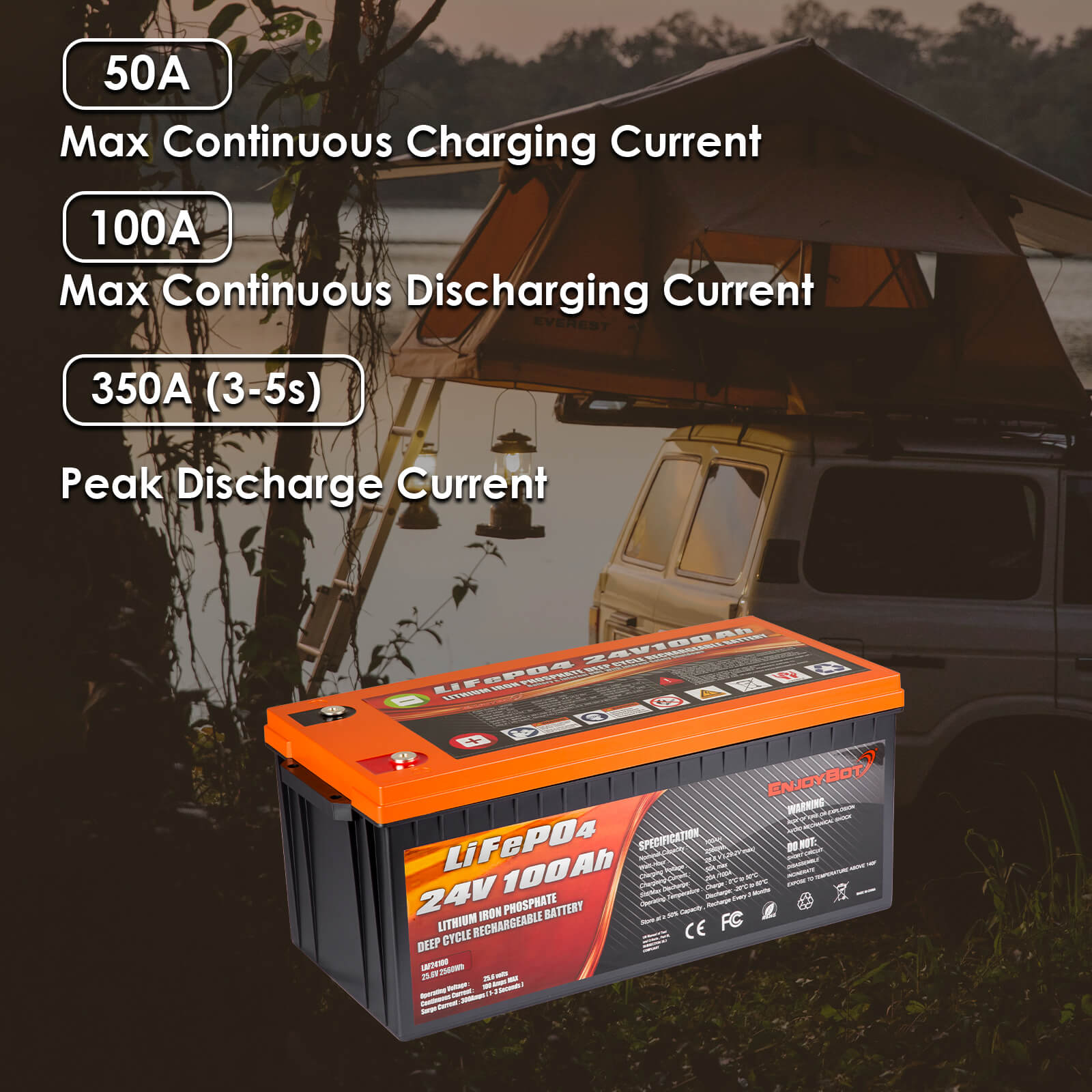 Enjoybot 24v 100ah LiFePO4 Battery - Max Current