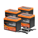 Enjoybot 24V 50Ah Group 24 LiFePO4 Lithium Battery 4 Pack+29.2V 15A Charger