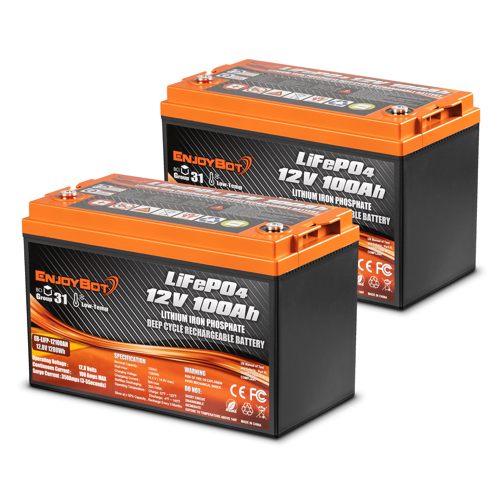 Enjoybot 24V LiFePO4 Lithium Trolling Motor Battery Set - 2 batteries