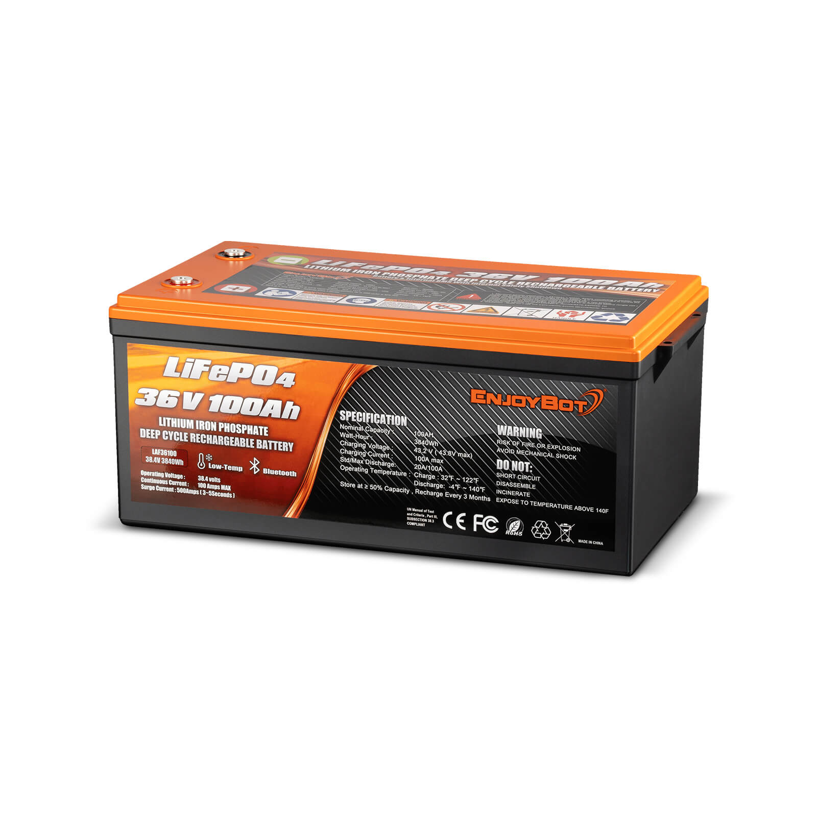 Enjoybot 36V 100AH LiFePO4 Lithium Battery with Bluetooth & Low-Temp Protection_1 Pack