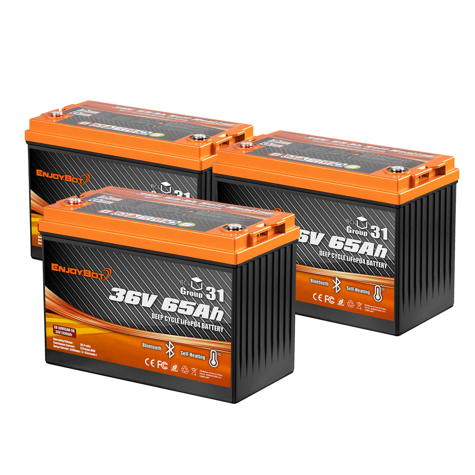 Enjoybot 36V 65Ah Self-Heating & Bluetooth Group 31 LiFePO4 Lithium Battery_3 Pack