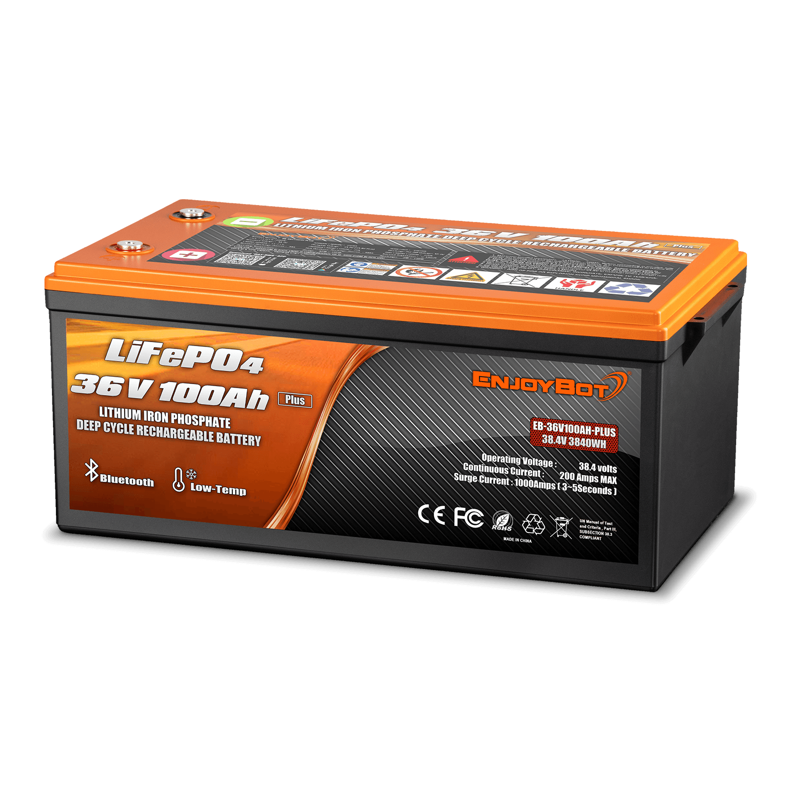 Enjoybot 36V 100AH LiFePO4 Lithium Battery with Bluetooth & Low-Temp Protection (Upgraded to 200A BMS Plus Version)