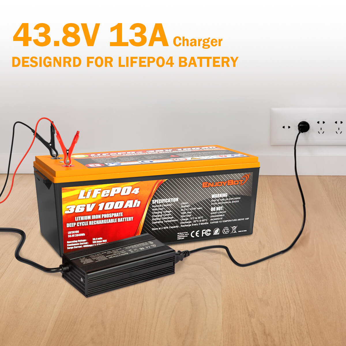 Enjoybot 43.8V 13A LiFePO4 Lithium Battery Charger for 36 Volt Battery with Alligator Clips, 0V Charging Activation