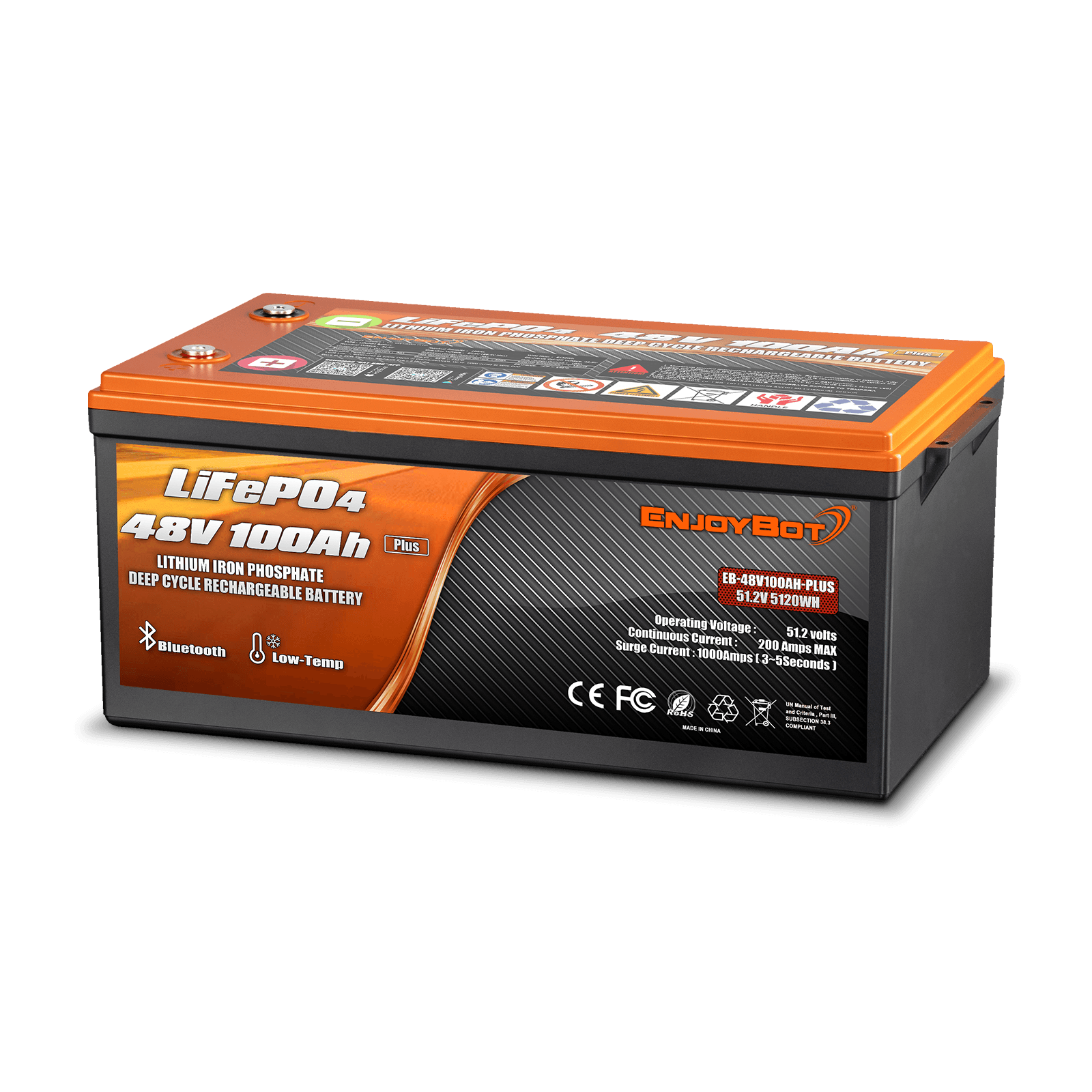 Enjoybot 48V 100AH LiFePO4 Lithium Battery with Bluetooth & Low-Temp Protection (Upgraded to 200A BMS Plus Version)