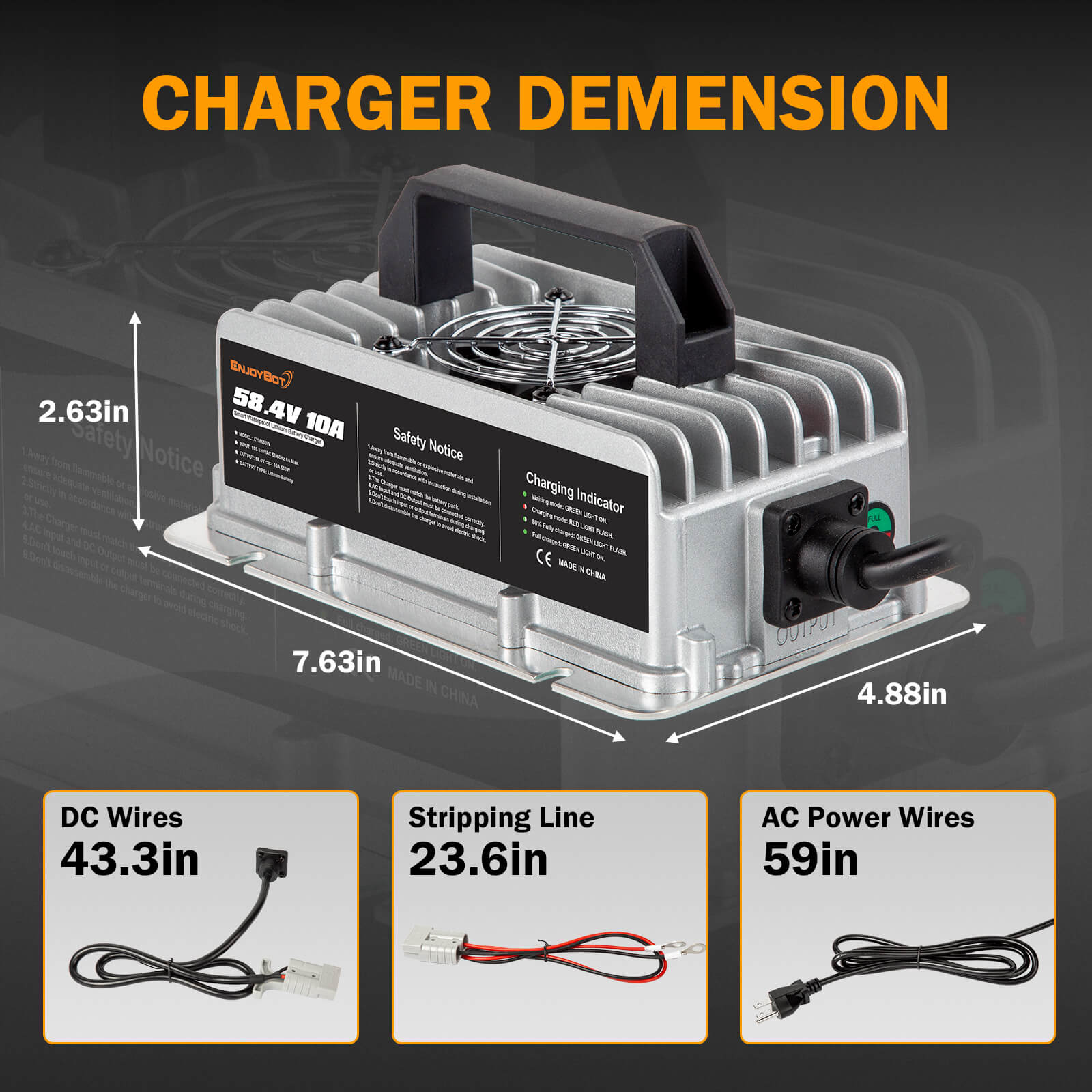 Enjoybot 58.4V 10A Mountable Dual-Purpose LiFePO4 Lithium Golf Cart Battery Charger Waterproof