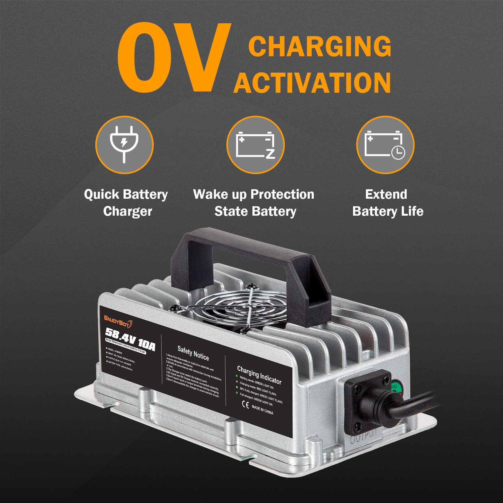 Enjoybot 58.4V 10A Mountable Dual-Purpose LiFePO4 Lithium Golf Cart Battery Charger Waterproof
