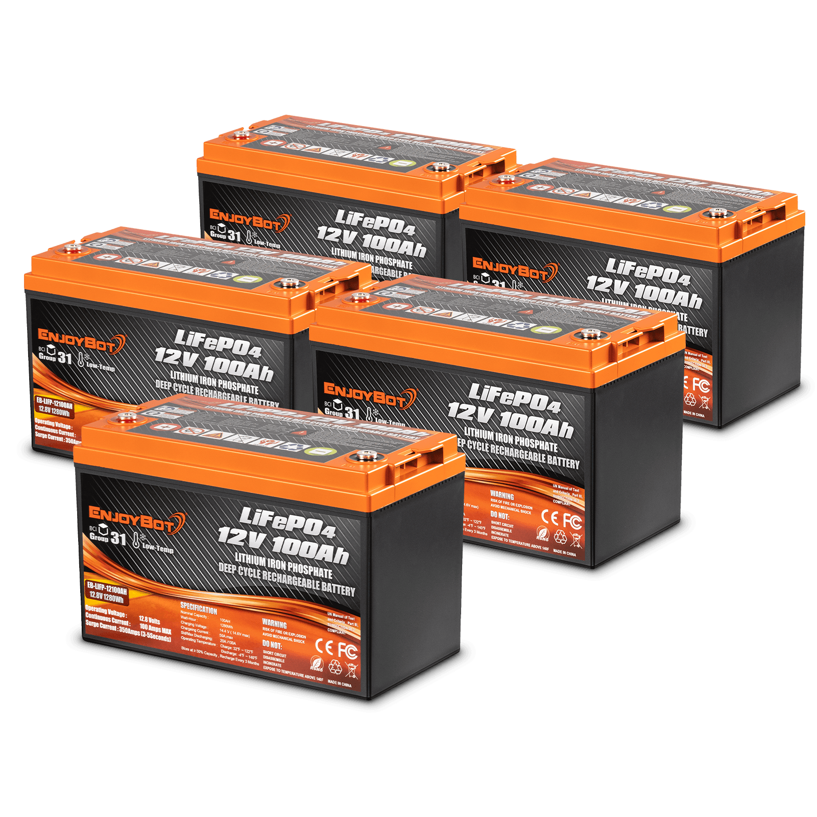 Enjoybot 60V 100Ah LiFePO4 Lithium Golf Cart Battery Set - 5 Batteries