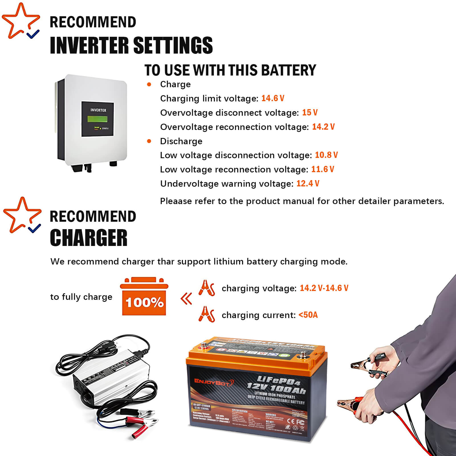 Enjoybot 12v 100ah LiFePO4 Battery - Inverter Setting