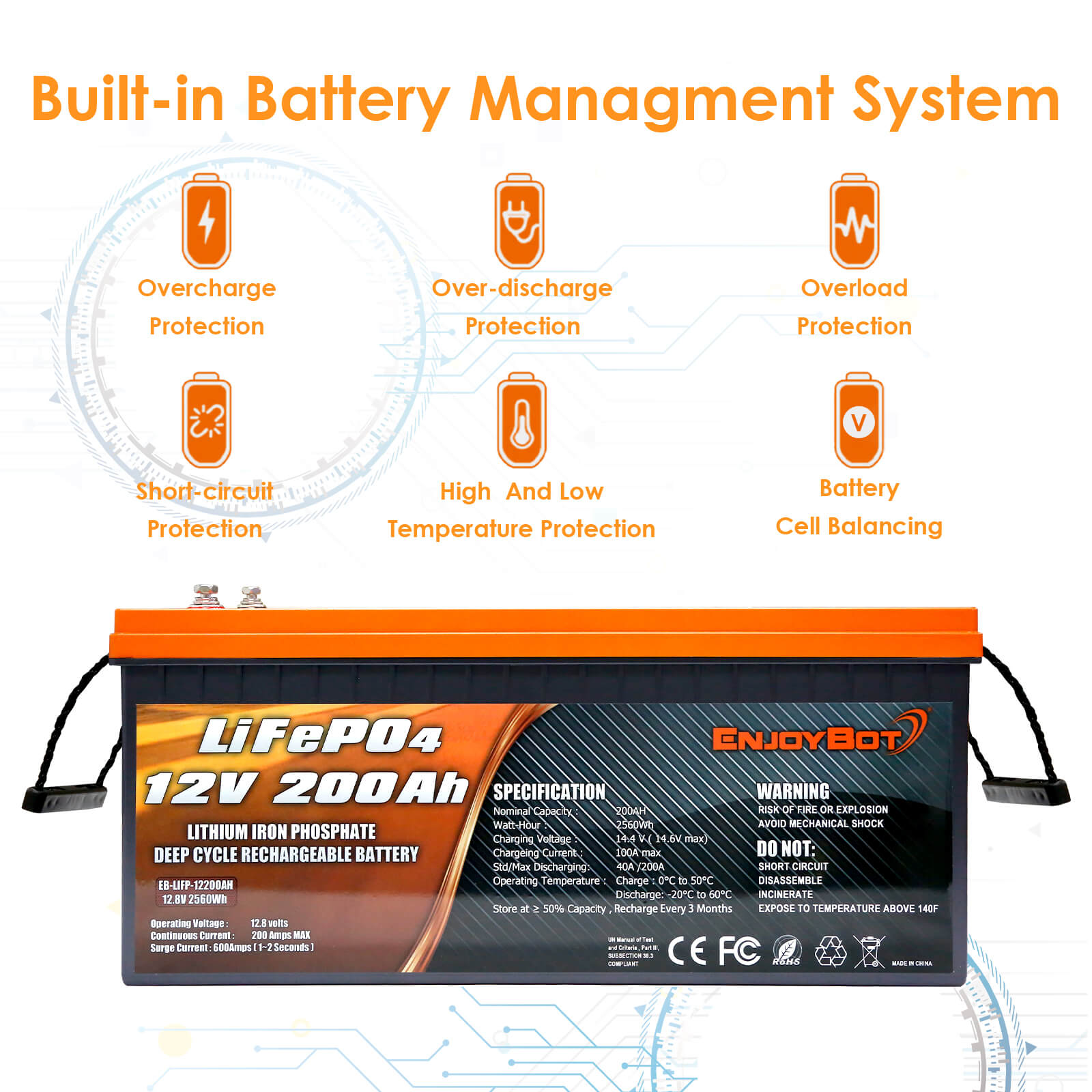 ENJOYBOT 12V 200AH LiFePO4 Deep Cycle 2560 Wh wiederaufladbare  Lithium-Batterie - gebaut mit 200A BMS – Enjoybot Official Store
