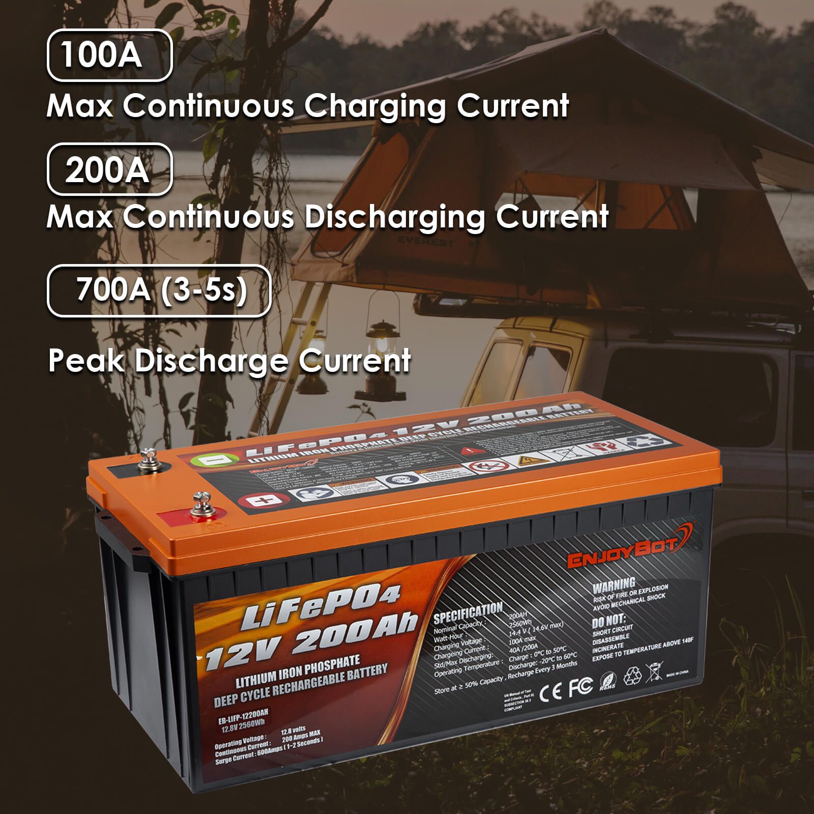 Enjoybot 12v 200ah LiFePO4 Battery - Max Current