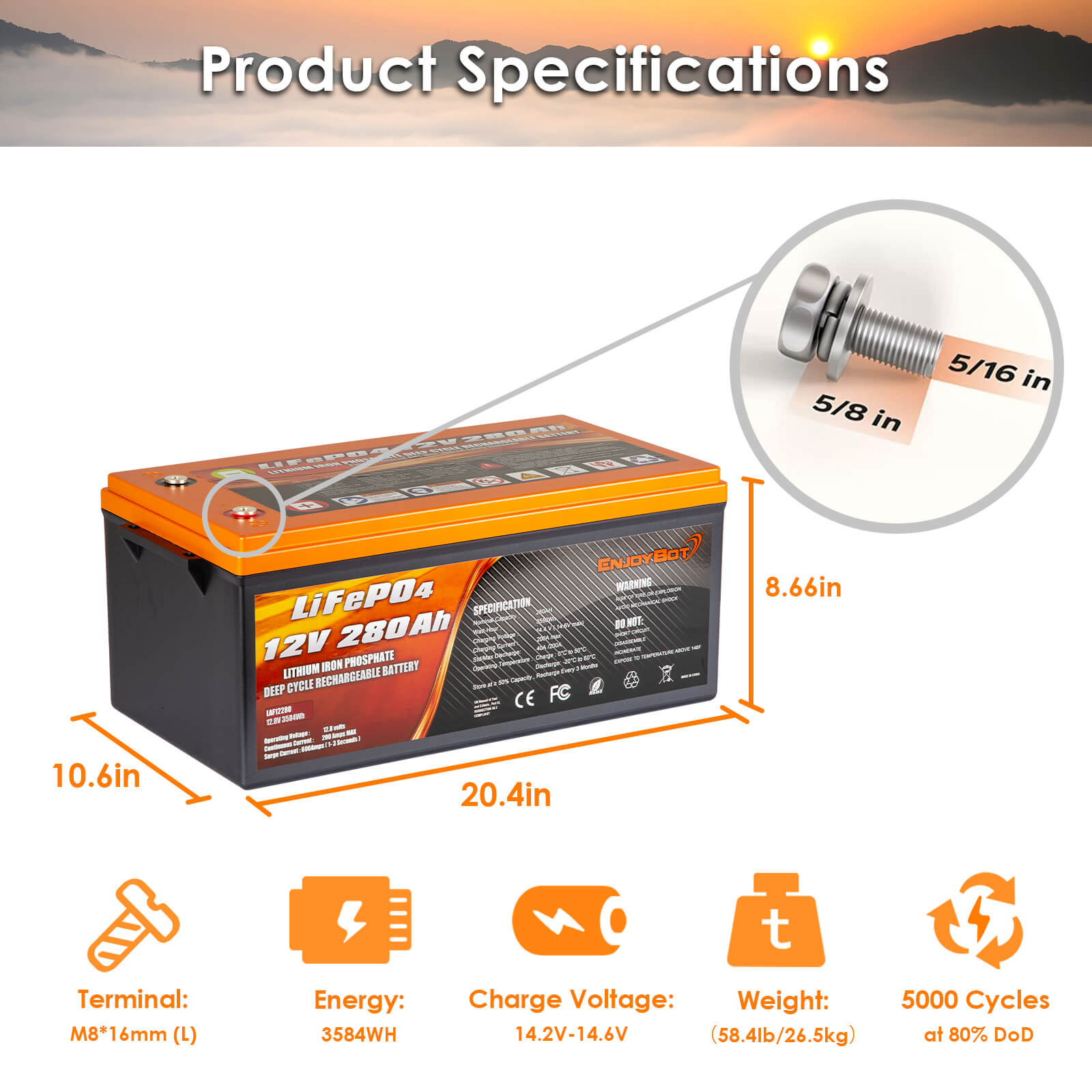 Enjoybot LiFePO4 Battery 12V 280Ah Lithium Battery, Built-In 200A BMS Low Temperature Cut Off Lithium Iron Phosphate Battery Perfect for RV, Solar