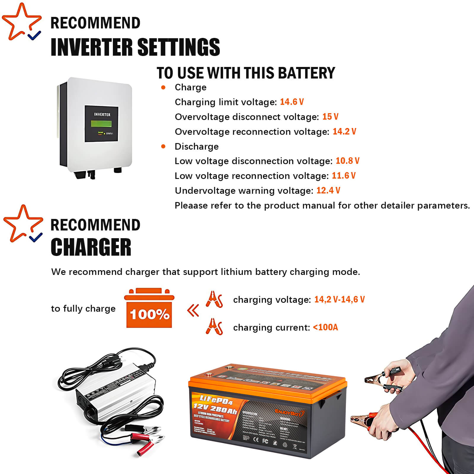 Enjoybot 12v 280ah LiFePO4 Battery - Inverter Setting