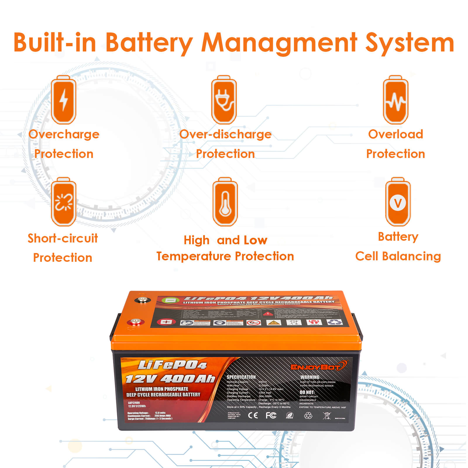 Enjoybot 12v 400ah LiFePO4 Battery - BMS System