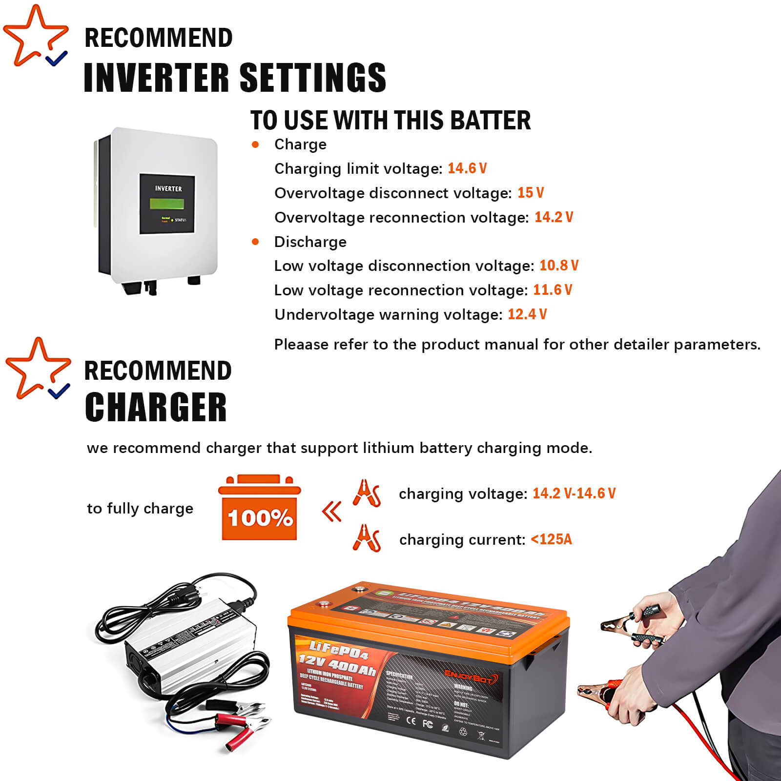 Enjoybot 12v 400ah LiFePO4 Battery - Inverter Setting