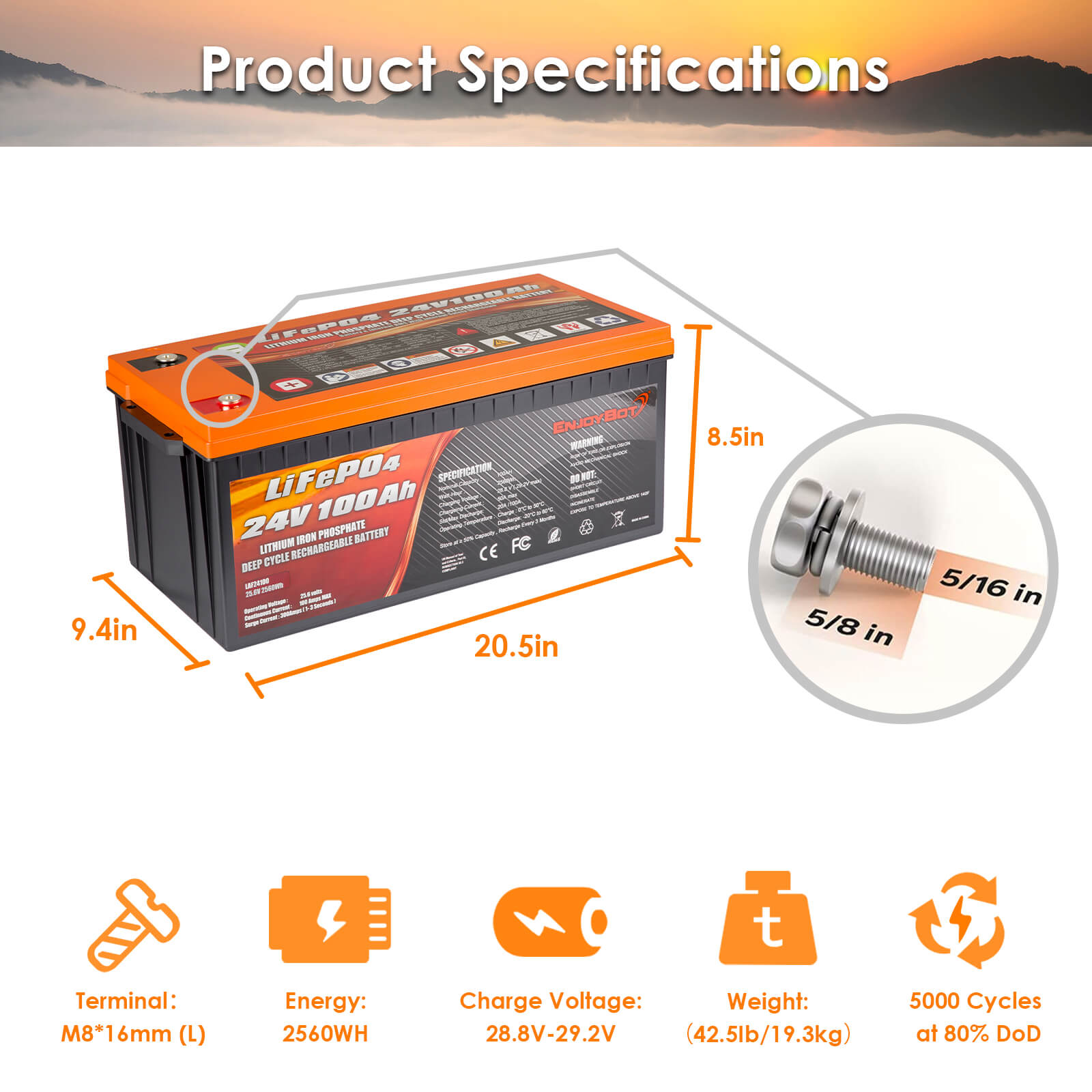 Enjoybot Lithium Battery 24v 100ah High & Low Temp Protection for