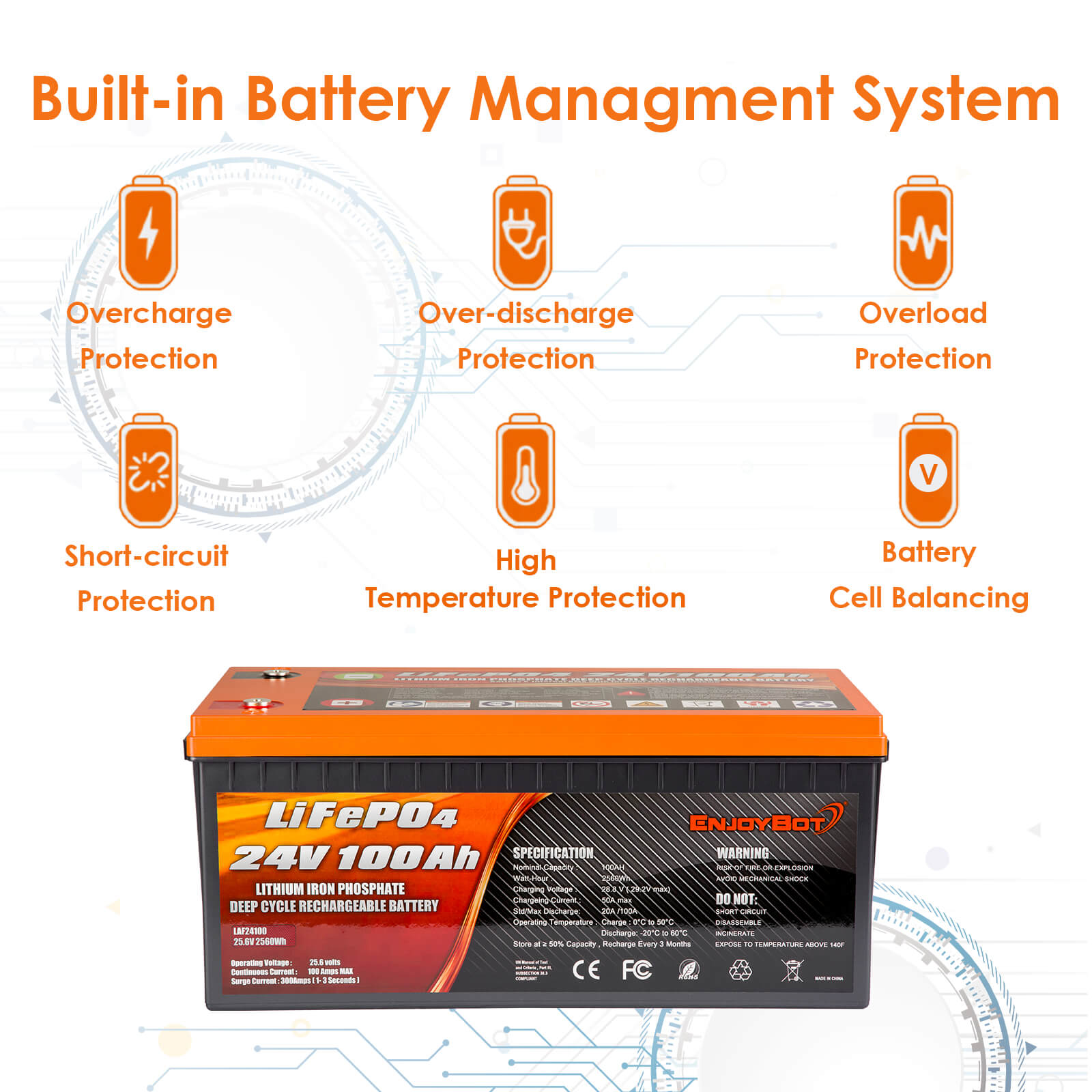 Enjoybot 24v 100ah LiFePO4 Battery - BMS System