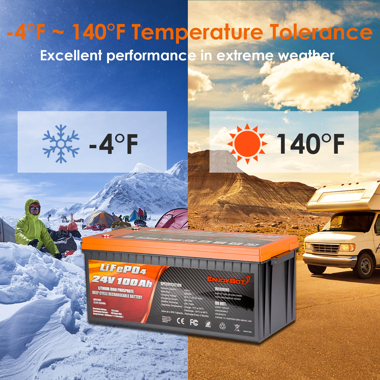 Enjoybot 24v 100ah LiFePO4 Battery - Temperacture Tolerance