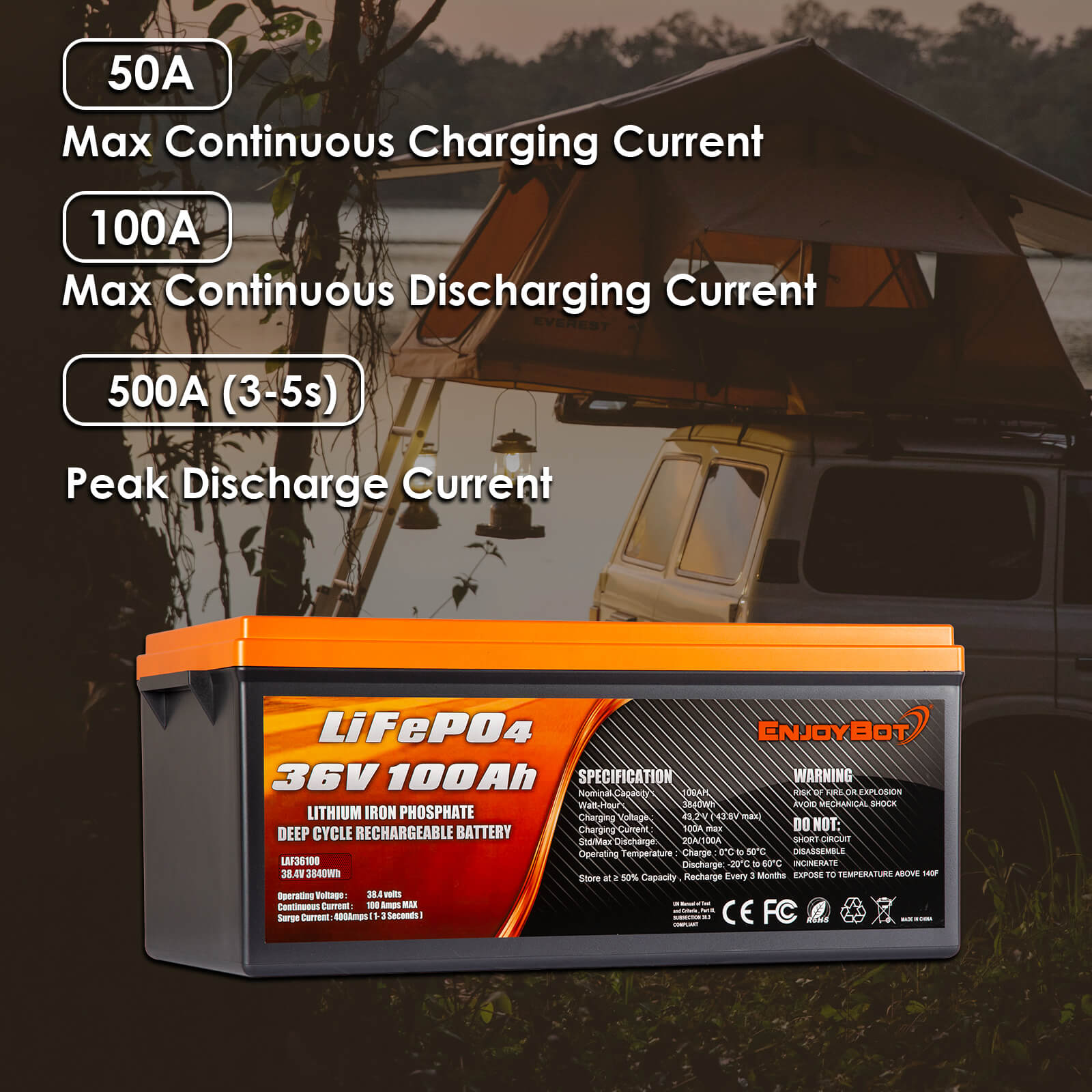 ENJOYBOT Bluetooth 36V 100AH 3840Wh Smart Lithium Battery + Dedicated 20A battery charger