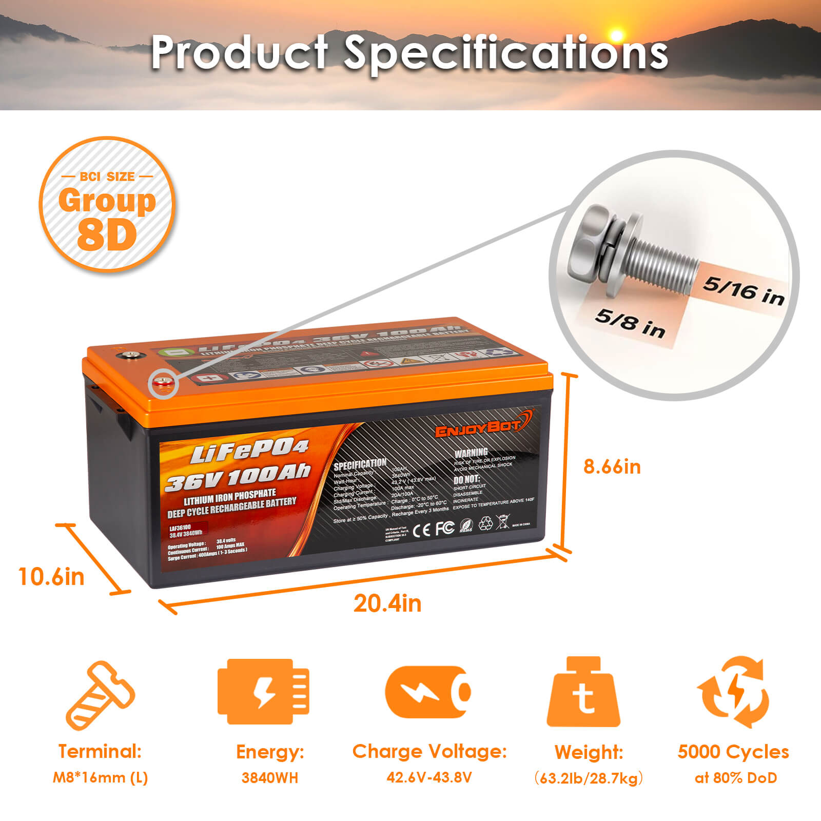 ENJOYBOT Bluetooth 36V 100AH 3840Wh Smart Lithium Battery High & Low Temp Protection Deep Cycle Rechargeable - Peak Current 500A Perfect For Golf Cart/Trolling Motor