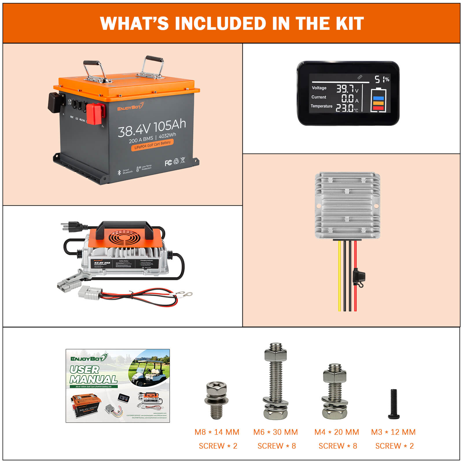 Enjoybot 36V (38.4V) 105AH Lithium Golf Cart Battery Conversion Kit with Bluetooth, 200A BMS, All-in-one Kit