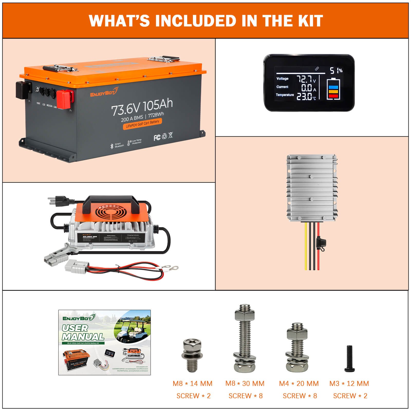 Enjoybot 72V (73.6V) 105AH Lithium Golf Cart Battery Conversion Kit with Bluetooth & 200A BMS, All-in-one Kit