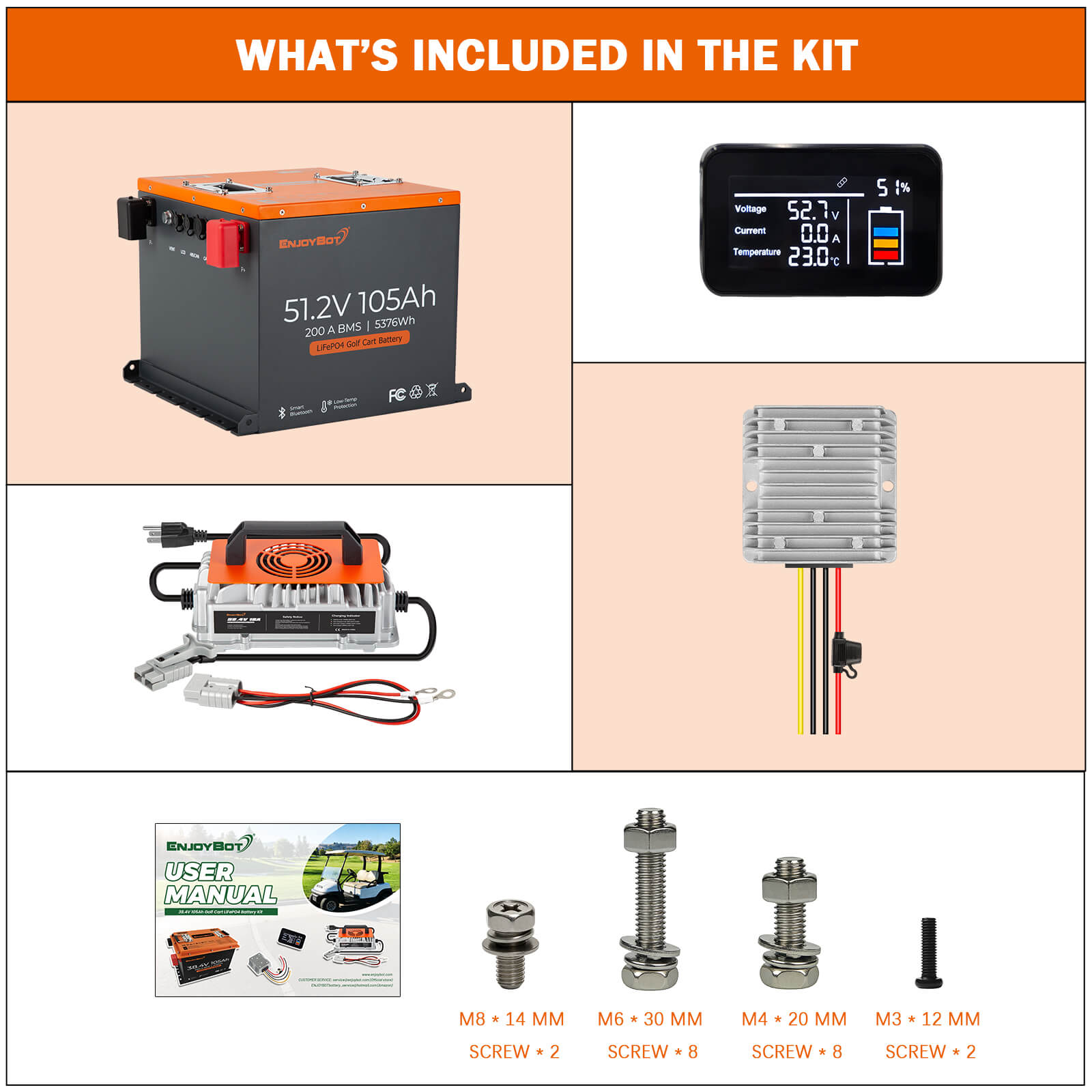 Enjoybot 48V (51.2V) 105AH Mini Lithium Golf Cart Battery Conversion Kit with Bluetooth, 200A BMS, All-in-one Kit