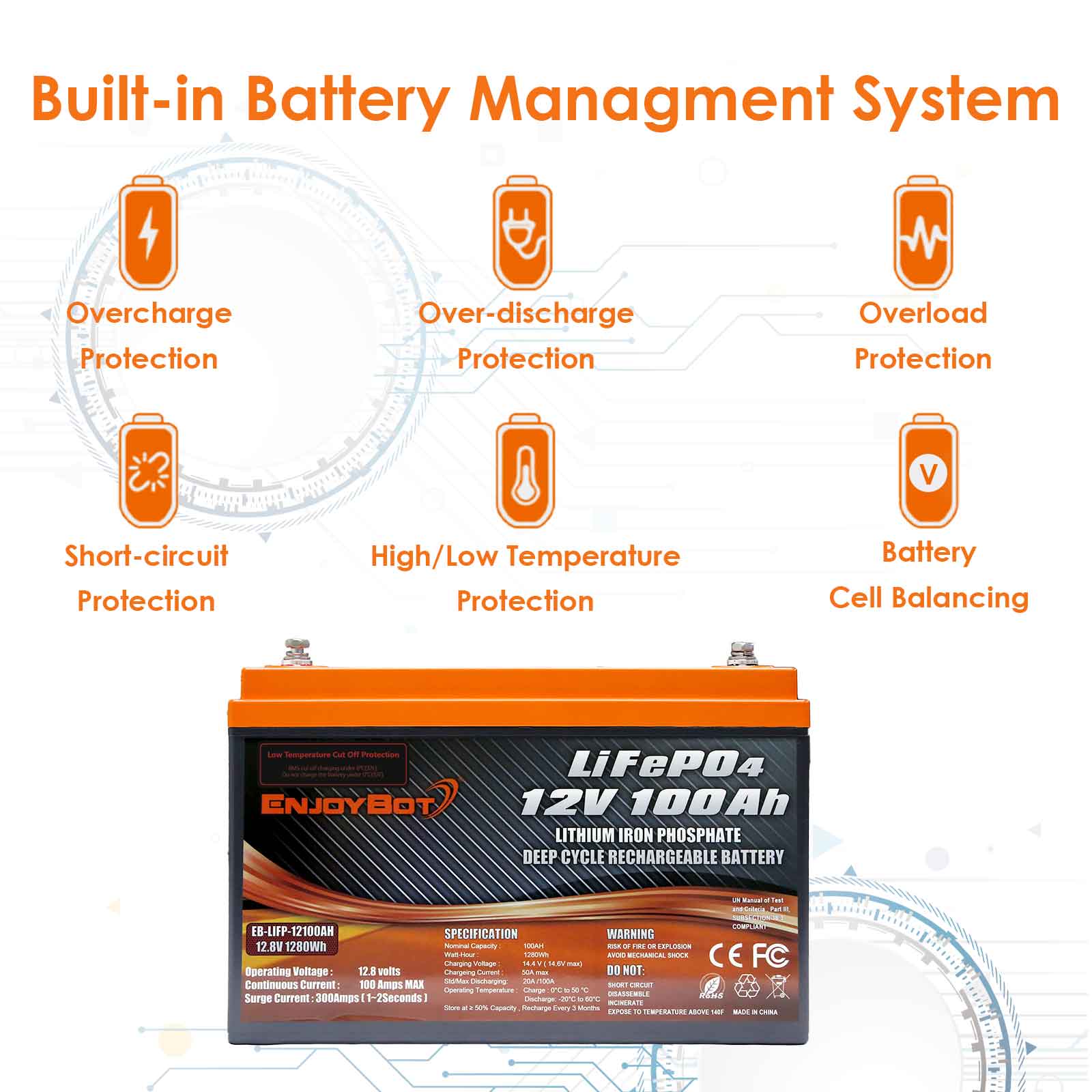 Enjoybot LiFePO4 Golf Cart Battery 36v 100ah Lithium Battery 3840 Wh - 3 batteries