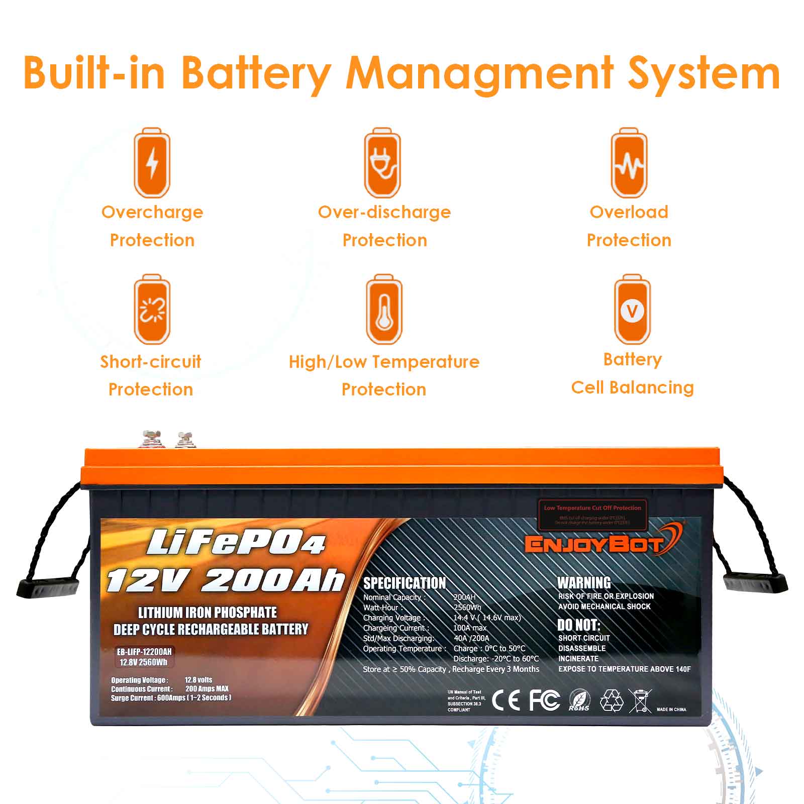 Enjoybot Lithium-Batterie, 24 V, 200 Ah, Hoch- und Tieftemperaturschutz, 5120 Wh für Van/Wohnmobil/Camping – 2 Batterien